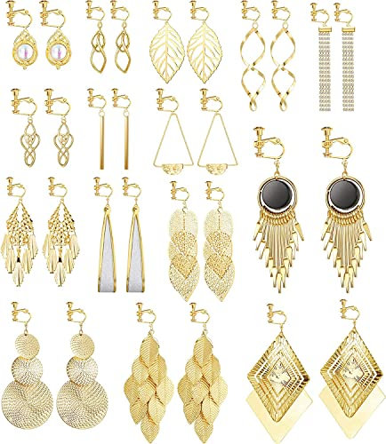 Finrezio Clip-On-Ohrringe für Frauen - Böhmische Geometrische Ohrringe Statement-Ohrclips mit Hängeohrringe Set in Lange Balkenohrringe Blatt-Tränen-Design