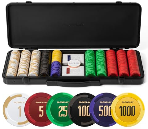 SLOWPLAY Godel 14g Ton Pokerchips-Set für Texas Hold’em, 500 STK [mit Werten] Verfügt über einen hochwertigen Chipkoffer mit besonders robuster Polycarbonat-Schale, Pokerspieler