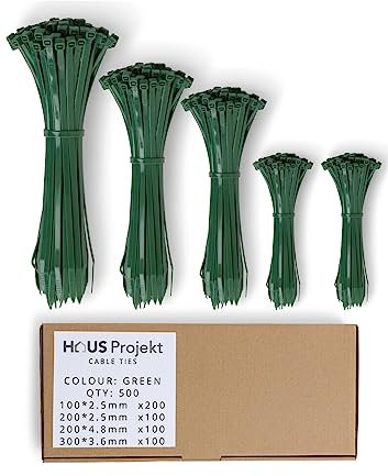 Haus Projekt Cable Ties 500 Pack Green, Assorted Size ​Zipties for Christmas Decorations, 100/200mm x2.5, 200x4.8, 300x3.6, Cable Management Tidy, Heavy Duty Plastic Zip Tie Wraps, Garden Cable Ties