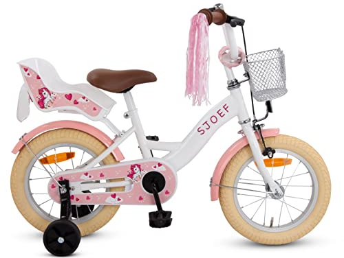 SJOEF Dolly Kinderfahrrad 14 Zoll | Ab 3-5 Jahre | einfache Montage (95% vormontiert) | Kinder Fahrrad für Mädchen/Jugend | Kleidergröße von 98 bis 108 cm | inklusive Stützräder