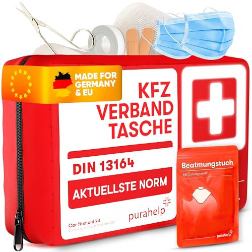 PURAHELP® Erste Hilfe Set Auto inkl. Beatmungstuch [DIN 13164] - PKW Verbandstasche StVO Konform für 2025 - KFZ Verbandskasten & Sanikasten Unterwegs - Notfallset Kompakt - First Aid Kit Car