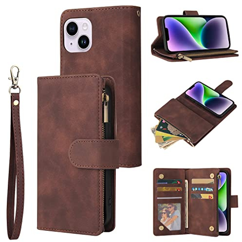 QLTYPRI Case for iPhone 15 6.1 inch, Large Capacity Leather Wallet Case 6 Card Holder & 1 Zipper Pocket Kickstand Wrist Strap Magnetic Case for iPhone 15 - Coffee Brown