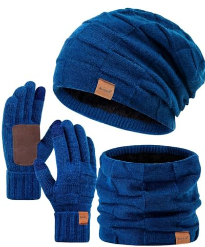 Winuesa Juego de gorro, bufanda y guantes de invierno para hombre y mujer, forro polar térmico, gorro holgado para hombre, gorro de punto de nieve, gorro de invierno 3 en 1, guantes de pantalla