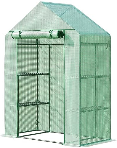 Outsunny Serra da Esterno con 4 Ripiani, Funi e Picchetti, in Acciaio e Plastica PE, 141x72x191 cm, Verde