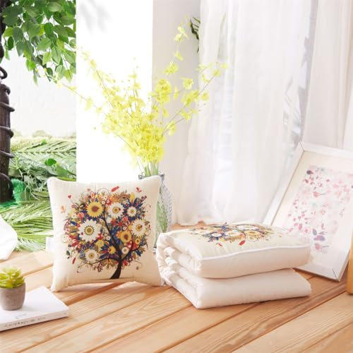 Hixingo Reisedecke und Kissen 2 in 1, Reisedecke mit Kissen Set Multifunktionale Reise Decke und Kissen 2 in 1 Weichem Flugzeug Verwandlungskissen für Urlaub, Camping (40 * 40cm,Blumenbaum)