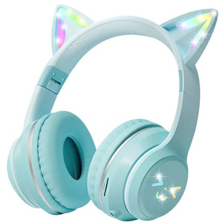 Casque pour Enfants,Casque Audio à Oreilles de Chat Bluetooth 5.1 Sans Fil et Filaires, Jolis Lumière LED RGB de Casque,Casques Pliables sur l'oreille pour Cadeaux/École/Tablette/Voyage (Vert)