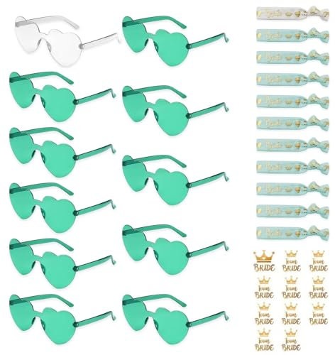 Lunriwis 33 Stück JGA Brille Team Braut Armbänder，11 Stück Herz Sonnenbrille+11 Stück Bride Tattoo Aufkleber+11 Stück Bride Armband, JGA Deko Accessoires für Hochzeitsfeierdekorationen（grüner）