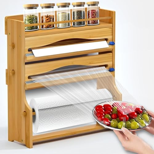 ARYANY – Portarrollos Papel Cocina de Bambú | Dispensador Papel Aluminio y Film con Cortador | Soporte 4 en 1 Organizador de Cocina de Pared con Estante para Especias