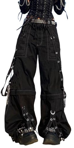 Caziffer Women Emo Goth Baggy Pants Hip Hop Jeans Y2K Punk Scene High Waisted Wide Leg Denim Pants Streetwear (Black, L)