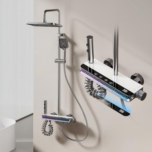 Julymoda Colonna Doccia con Miscelatore Display Digitale LED Luce Stellata Ambientale Kit Doccia Idromassaggio con Soffione 30×21 cm e Doccetta Tasti di Pianoforte 4 Funzioni Altezza Regolabile Ottone