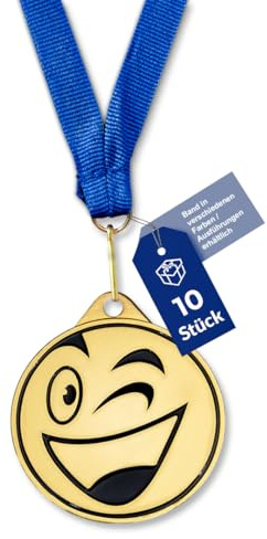 geschenke-fabrik.de Zwinker-Smiley-Medaillen Kinder-Set, Gold, Metall | Bandfarbe & -breite nach Wahl, optional mit Wunschtext, für Kindergeburtstag, Turniere & Vereine
