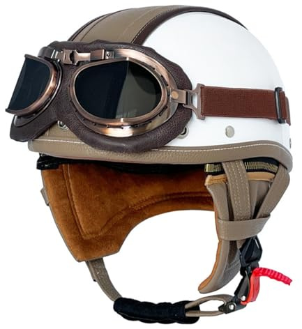Vintage Motorradhelm Open Face Leder-Helm Winddichter Motorrad Roller Helm Mit Brille Jethelm Straßenhelm Für Damen Und Herren ECEDOT Zertifizierung Halbschalenhelm