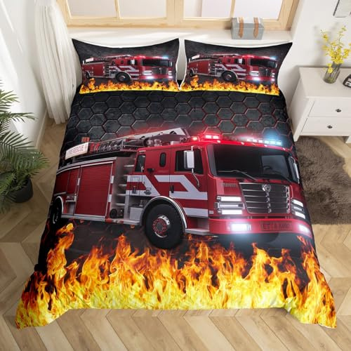 Kinder Bettwäsche Feuerwehrauto 135x200 für Jungen Mädchen Teenager,Cartoon Feuerwehrauto Bettbezug Rotes Sechseckiges Waben Ausrüstungs Fahrzeug Feuer Flammendruck Muster Bettwäscheset Zimmer Dekor