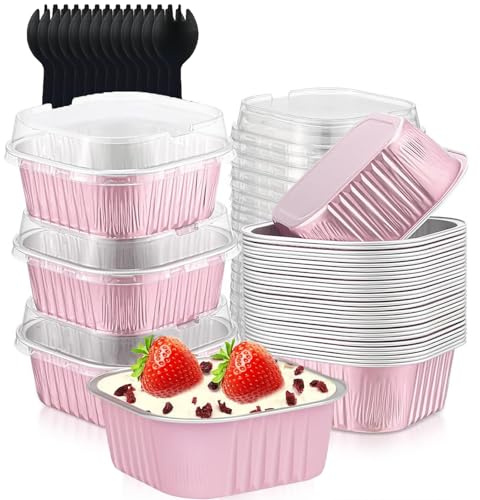 Moules Soufflé Pâtisserie Papier D'Aluminium, 50 Pièces 150ml Plats de Cuisson Carrés en Papier D'aluminium, Mini Moules à Pain avec Couvercles et Cuillères, Pour Cuisson du Pain, Cheesecakes(Rose)