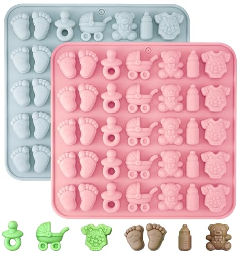 Prasacco 2 moldes de silicona con forma de ositos de goma, para baby shower, chocolate, huellas de bebé, chupete, cochecito, oso, botella, ropa de bebé, dulces, caramelos, chocolates, pasteles