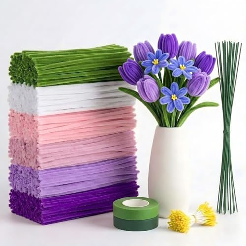 600 Stück Pfeifenreiniger BlumenSet Pfeifenputzer zum Basteln 6 Farben Lila | 30 Blumendraht & Geschenkband für Kreative DIY-Blumensträuße Blumenstrauß Kreativset Handwerk Dekorieren (Lila)