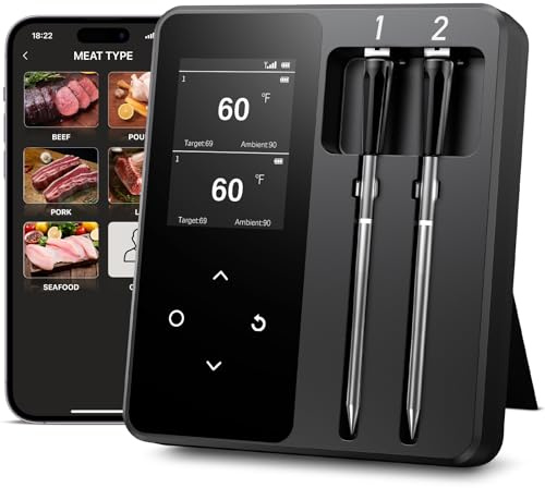 Termómetro Cocina Inalámbrico con 2 Sondas, Pantalla LCD, 130m Alcance, Termómetro Carne con APP Inteligente para Barbacoa, Horno, Parrilla, Ahumador, Asador, Freidora, IP67 Resistente al Agua