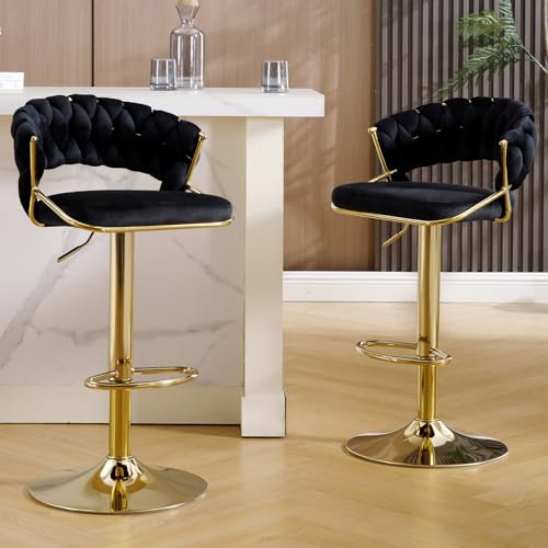 KHISCHMO Moderne Barhocker aus Samt 2er Set höhenverstellbar Barstühle 360°drehbar Thekenhocker Küchenhocker mit geflochtener Rückenlehne Goldene Fußstütze für Küche, Schwarz