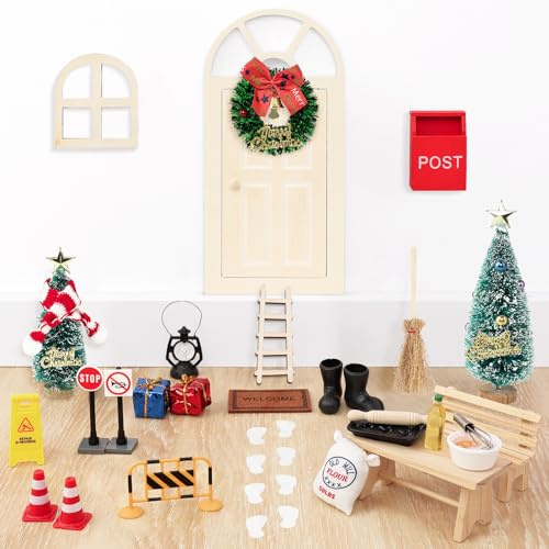 SHAINE Wichteltür Set Wichtel Zubehör Weihnachten, Weihnachtswichtel Tür Komplettset Weihnachtsdeko Elfentür, Wichtel Zubehör Baustelle Set, DIY Geschenk Wichteltüren Set mit Briefkästen, Kranz