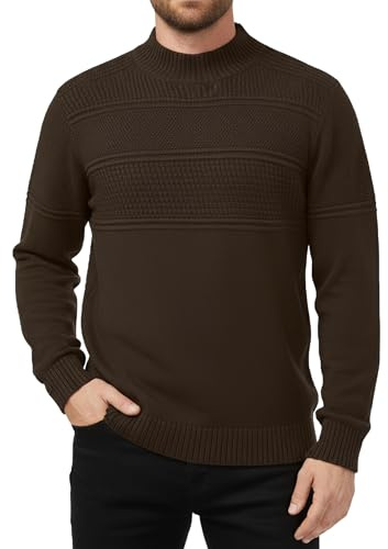 MLANM Men's Mock Neck Ribbed Knit Jumper Long Sleeve Winter Coffee L