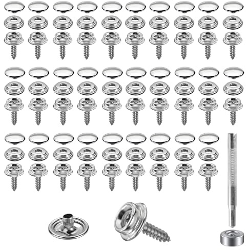62 Pieces Press Studs Snap Fasteners, 15mm Heavy Duty Canvas Press Stud Kit, Stainless Steel Snap Button Fastener with 2 Setting Tools for Jeans Leather DIY Craft