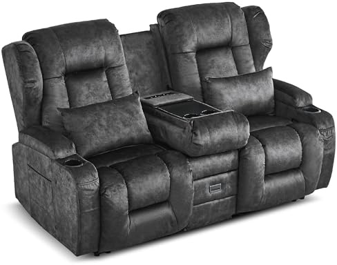 SITURAY 2er Relaxsessel mit Liegefunktion, Zweisitzer Fernsehsessel 2 Sitzer TV Sessel mit Konsole, Manuell Verstellbar Doppel Kinosessel bis 360 kg (Dunkelgrau)