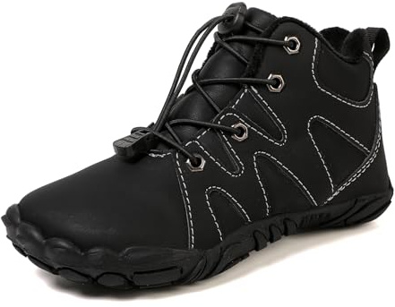 FLIOZY Kinder Barfuß Winterstiefel mit Warmfutter Weite Zehenbox Wasserdicht & rutschfest Zero Drop Outdoor Schuhe für Jungen & Mädchen Wanderschuhe Sneaker für Herbst & Winter Black 27