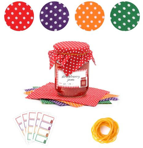 FIDWALL Jam Jar Decoration Kit (20) – 20x Square Fabric Doilies (15x15cm, 4 Colours) + 20x Waterproof Labels + 20x Rubber Bands – Decorative Covers for Homemade Jam, Marmalade & Preserves, Canning Acc
