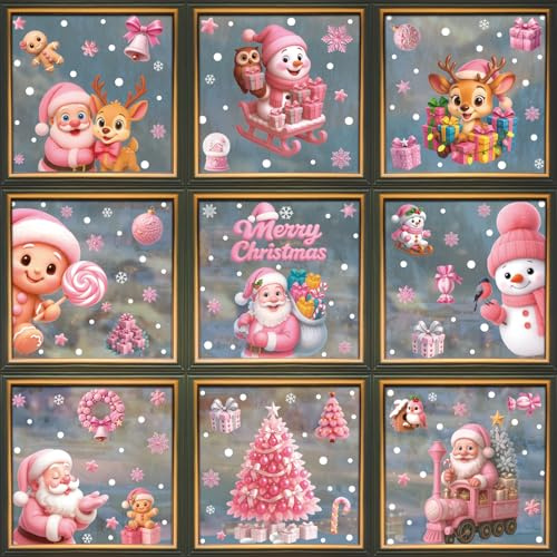 Lot de 182 autocollants de Noël pour fenêtre - Réutilisables - En PVC - Flocons de neige - Avec maisons - Pour l'hiver - Décoration de Noël (rose)
