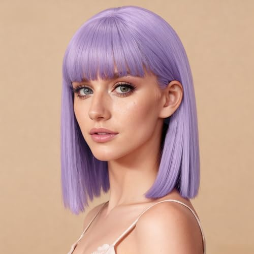 Allbell Pelucas lila para mujer, bob corto con flequillo, pelo sintético resistente al calor, 30,5 cm, para uso diario, fiesta, Halloween, disfraz