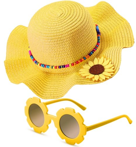 Sombrero Paja Niños, Gorro Playa Niña, Gafas Sol Niña, Sombrero de Playa Niños con Gafas de Sol Margaritas, Gafa de Sols de Flores para Viajes, Playas, Vacaciones, Picnics (Amarillo)