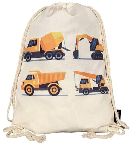HECKBO Enfants garçons sac de gym-beige, motif avec 4 véhicules de chantier imprimé sur les deux côtés-école maternelle, crèche, voyage, sport-sac à dos, sac de jeu, sac de sport, sac pour chaussures