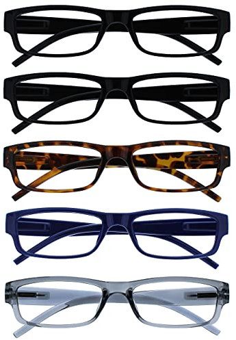 OPULIZE ACE Reading Glasses for Women Men, Lightweight Comfortable Narrow Rectangular Frame with Spring Hinges, Scratch Resistant, Black, Brown,Blue,Grey +2.5 (Pack of 5)