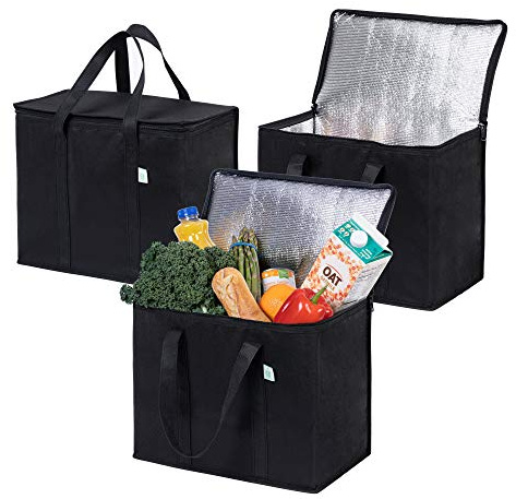 VENO 3-pack isolerad återanvändbar shoppingväska för livsmedel, matleverans, kylväska, kraftig, stor storlek, hållbara handtag, dragkedja med dubbla flikar, lock, stativ upprätt, hopfällbar, hållbar