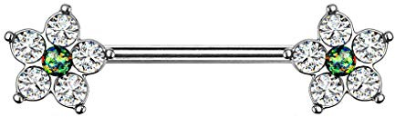 beyoutifulthings Brustwarzen-Piercing Glitzer-Opal Blume 5 Zirkonia Brust-Piercing Nippel-Piercing Chirurgenstahl Silber Grün Clear Stab 1,6/14mm