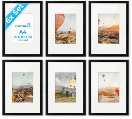 PHOTOLINI Bilderrahmen A4 Schwarz Holz MDF, 6er Set DIN A4 Bilderrahmen 21x30 cm mit Passepartout, Acrylglas, picture frame zum Aufhängen & Aufstellen, Rahmen mit Zubehör 30x21 für Fotos & Poster