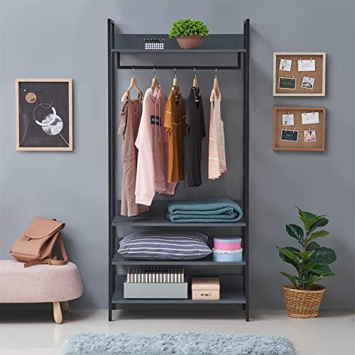 TAD TIMBER ART DESIGN UK Zahra Bedroom Double Open Wardrobe 4 Shelves Furniture Storage Cupboard,Metal Frame&Hanging Rail Dark Grey H 180cm x W 83.8cm x D 40cm