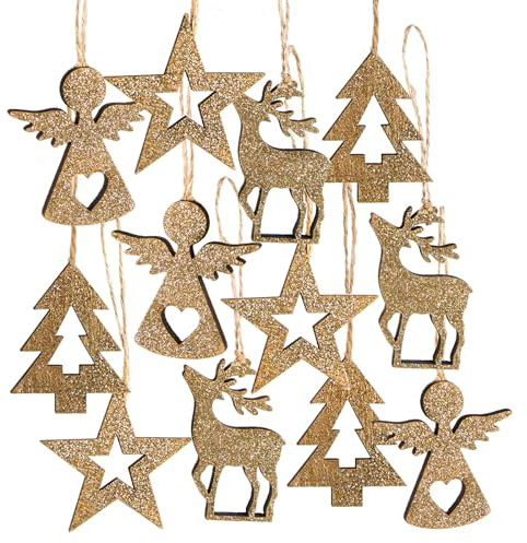 Logbuch-Verlag12 goldene Holz Weihnachtsanhänger Baumschmuck Engel Stern Rentier Weihnachten Hänger 5-6 cm