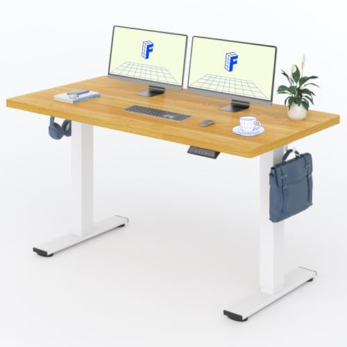 FLEXISPOT E1 Plus Electric Standing Desk Height Adjustable for Home Office | 80kg Load, 4 Memory Smart Panel, 2 Hooks, Quiet Motor, Easy Assembly (140 * 80cm, White Frame+Maple Desktop)