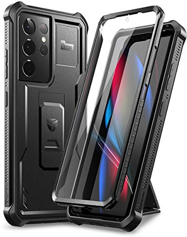 Dexnor Hülle Kompatibel mit Samsung Galaxy S21 Ultra 5G 6,8 mit eingebautem Displayschutz Militärschutz Rüstung Heavy Duty 360 Ganzkörper Stoßfeste Stoßstangenschutz Abdeckung mit Ständer - Schwarz