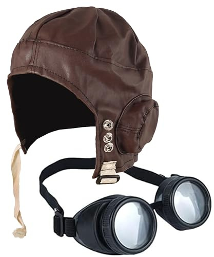 DreamzFit Aviator Pilot Hat, Goggles & Moustache Set | Realistic RAF WW2 Steampunk Flying Cap Costume Kit for Men & Women | 1940s Wartime, Halloween & Fancy Dress Party Accessory