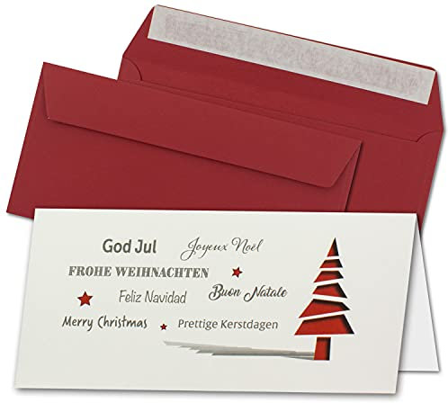 100x Weihnachtskarten-Set DIN Lang in Creme mit roten Tannenbäumen und Text - Faltkarten mit Umschlägen DIN Lang Dunkelrot mit Haftklebung - Weihnachtsgrüße für Firmen und Privat