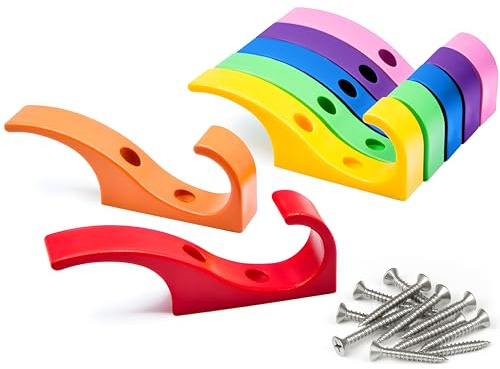 Toughook Heavy Duty Hooks for Hanging Coats, Jackets, Backpacks, Baseball Hats - Wall Mounted Rainbow Color Hangers for Kids, Perfect Hook for Classrooms, Bathroom Robes and Towels | Mini Hook 7-Pack