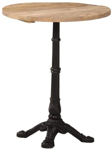 vidaXL Round Rough Mango Wood Bistro Dining/Kitchen Table - 60 cm Diameter, Natural Finish, Cast Iron Base, Indoor Bar Counter Desk, Retro Style