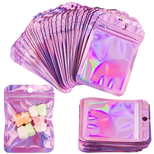 Mylar Foil Ziplock Sacs,Sacs Refermables Anti Odeur,100pcs odeur refermables rangement alimentaire d'emballage Effacer Pochette plate House Cafe Beanse Biscuits en plein air bijoux (7.5x10cm,Pink)