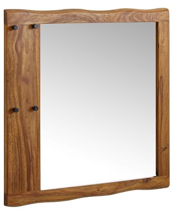 FineBuy Wandspiegel Sheesham Massivholz 80x80x3 cm Design Flurspiegel Baumkante, Hängespiegel Modern mit Haken, Spiegel Wand Groß, Moderner Garderobenspiegel Braun