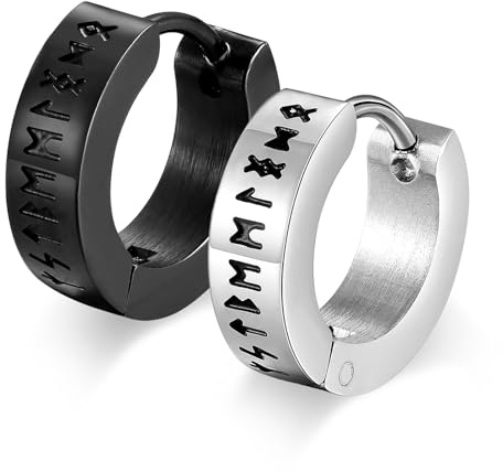 Ohrringe Herren Schwarz Edelstahl, Wikinger Runen Ohrringe Männer | Nordischer Wikinger Schmuck Creolen Stil Piercing Hoop Ohrschmuck Geschenke, Earrings for Men, Schwarze / Silber,1 Paar