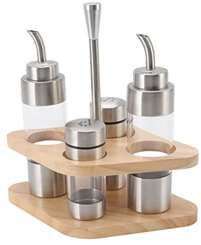 Ensemble Saliere Et Poivriere Huile Et Vinaigre, Huile Vinaigre Sel Poivre, Set Huile, Vinaigre, Poivre Et Sel Support En Bois, Stainless Steel Translucent Seasoning Bottle