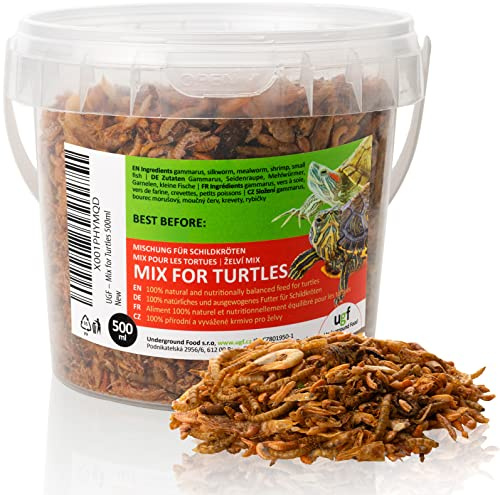 UGF - Mix di Cibo Universale per Tartarughe - 90 g in Un Secchio da 500 ml, Cibo bilanciato per Tartarughe, Gammarus, bachi da Seta, Vermi della Farina, gamberetti e Pesce essiccato