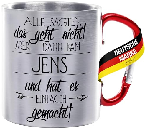 Crealuxe Edelstahltasse mit Karabiner - Alle sagten, dass geht nicht. Und dann kam Wunschname und hat es einfach gemacht - 330ml, Tasse personalisiert, Kaffeetasse, Bürotasse, Metalltasse mit Name
